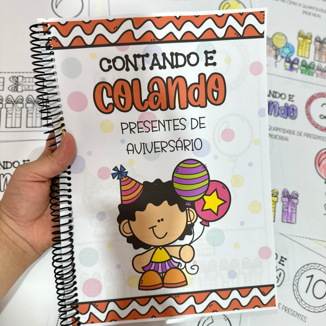 Apostilas Contando e Colando - Presente de Aniversário para trabalhar numerais de 0 a 10 com crianças da Educação Infantil